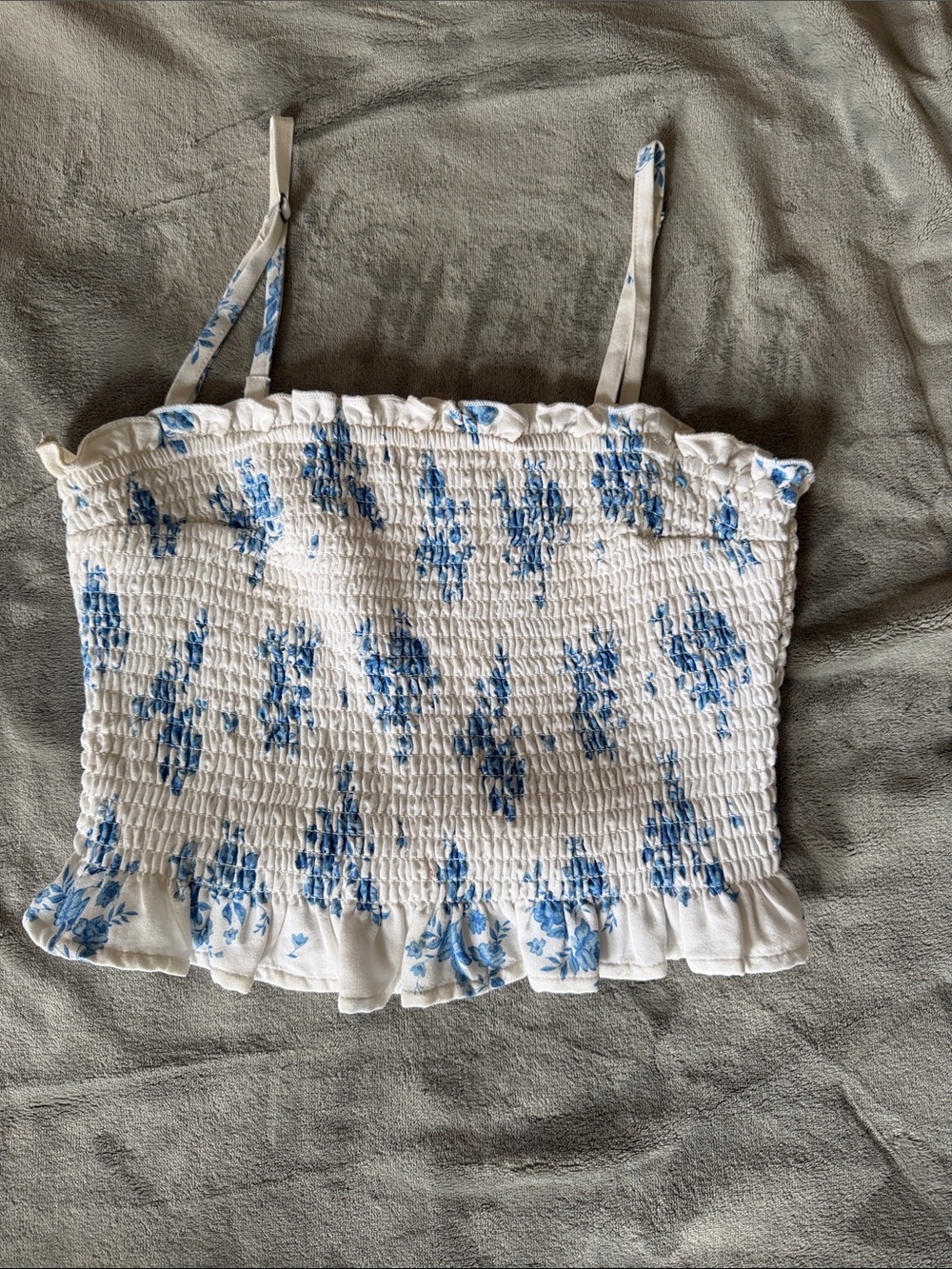 Hollister White Smocked Crop Cami with Blue Floral Detail
